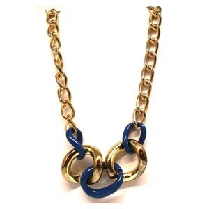 Vintage Anne Klein Chunky Chain Goldtone Blue Enamel Necklace 17"